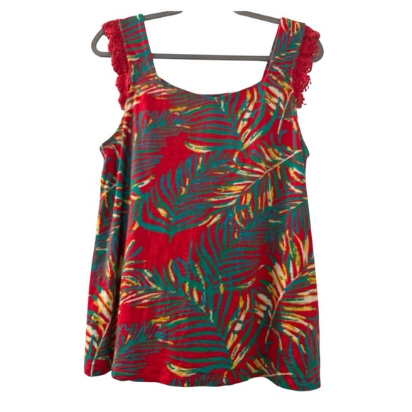 SOFT SURROUNDINGS sleeveless top, soft cotton blend, floral, crochet ruffle,Med. - Picture 2 of 8